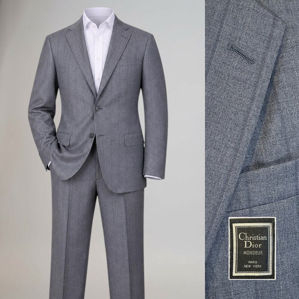 Vtg Christian Dior Monsieur Suit 42L 35x32 Gray Stripe Virgin Wool Designer
